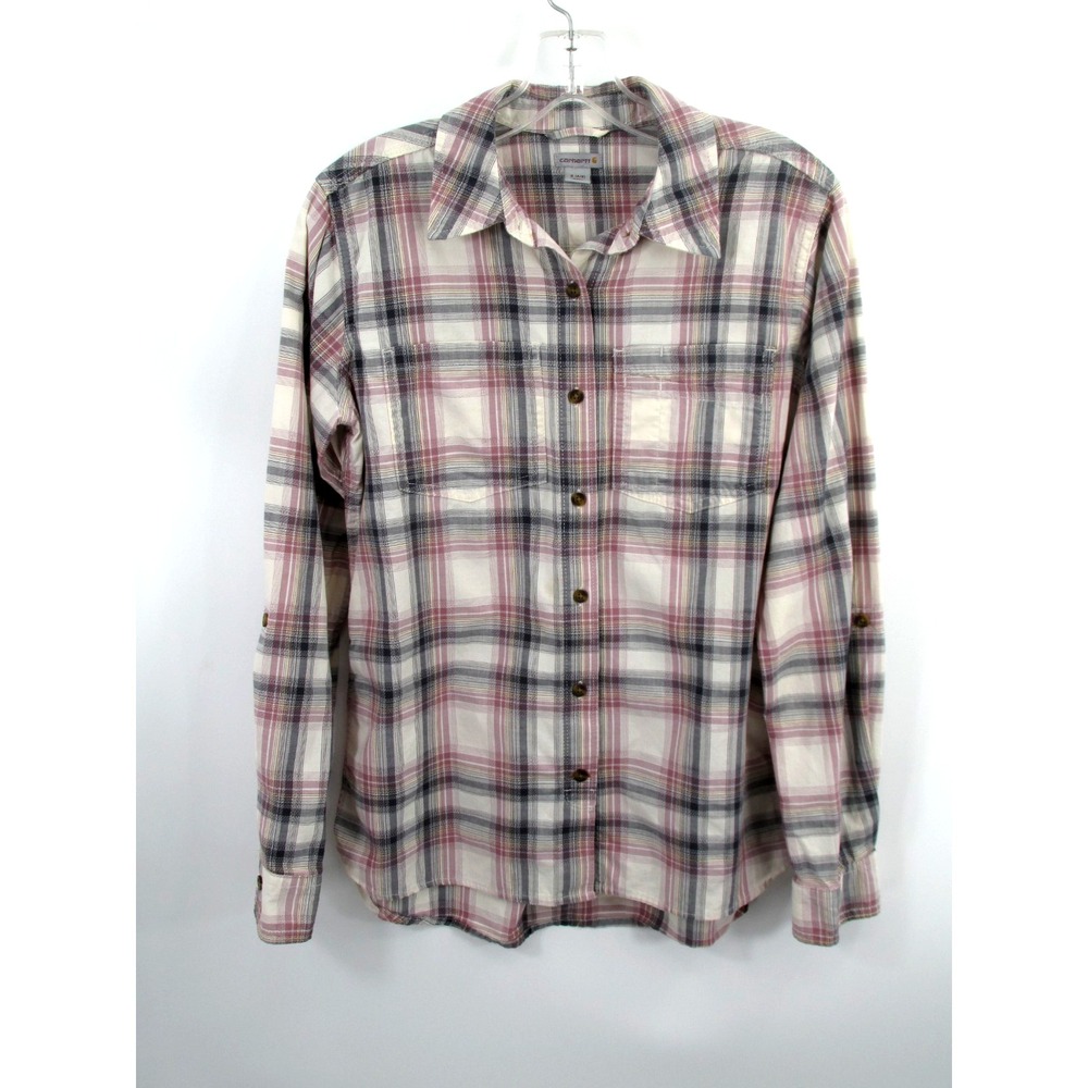 Carhartt Women Pink Plaid Roll Tab Sleeve Cotton Button Up Shirt Small 103085
